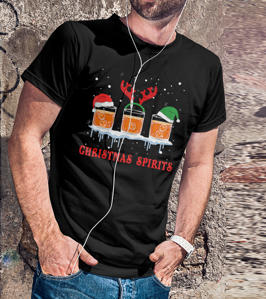 Christmas Spirits Bourbon Scotch Whiskey Santa Hat Reindeer Antlers Elf Hat T-Shirt