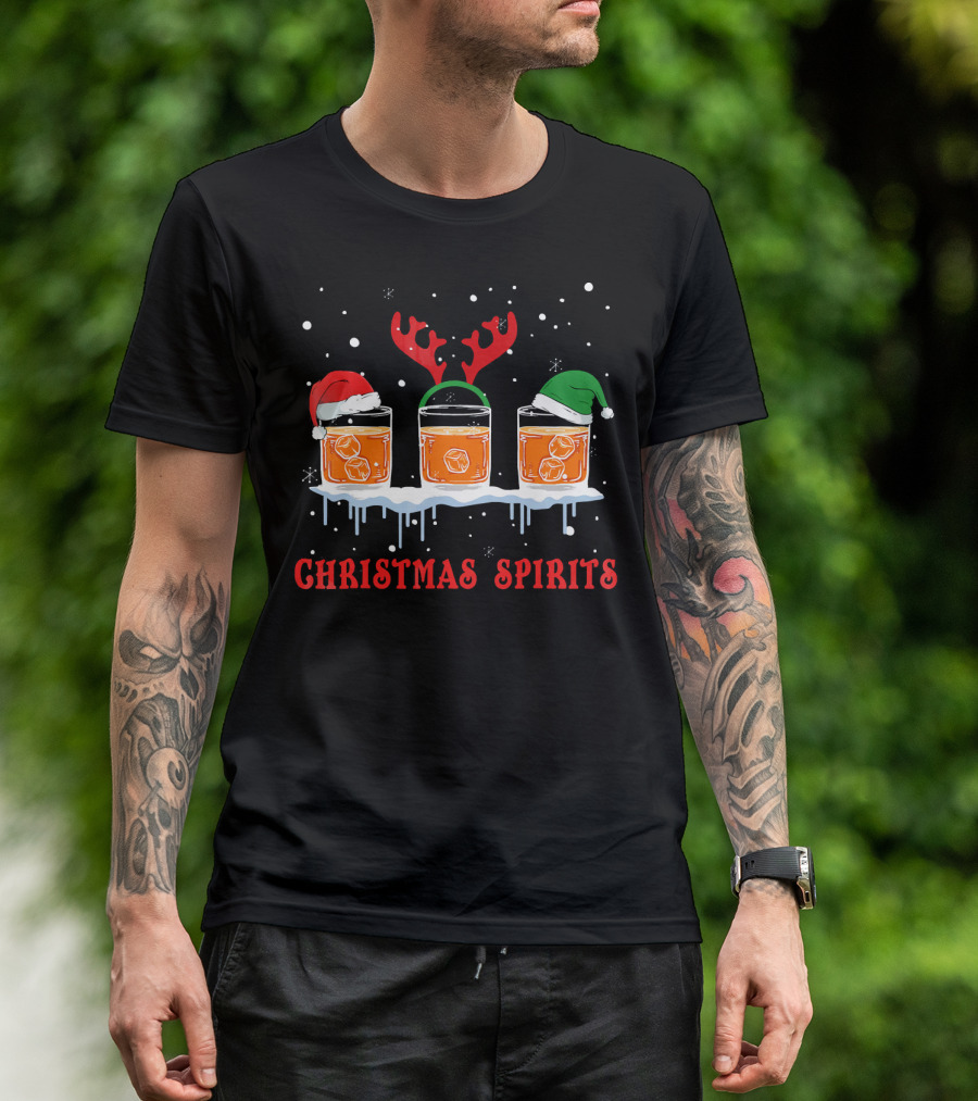 Christmas Spirits Bourbon Scotch Whiskey Santa Hat Reindeer Antlers Elf Hat T-Shirt