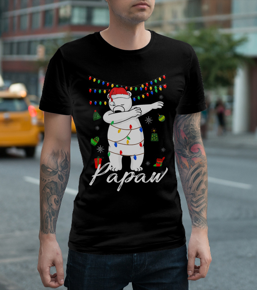 Papaw Bear Dabbing with Santa Hat and Christmas Lights and Gifts T-Shirt