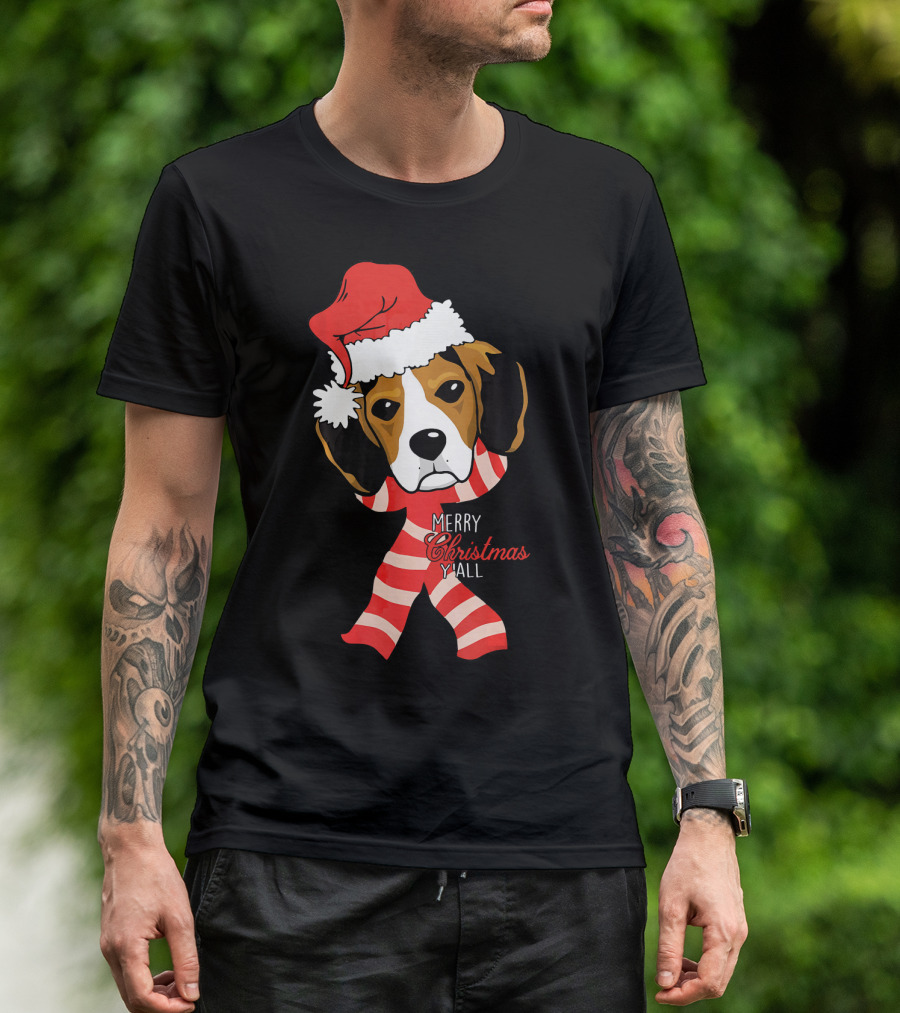 Merry Christmas Y'all Beagle Dog In Santa Hat And Striped Pajamas T-Shirt