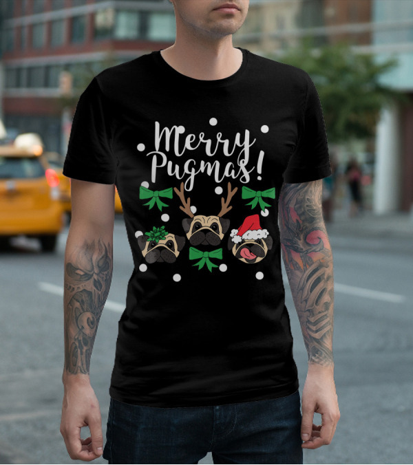 Merry Pugmas Pug Dogs With Christmas Antlers Santa Hat Bows And Snowflakes T-Shirt