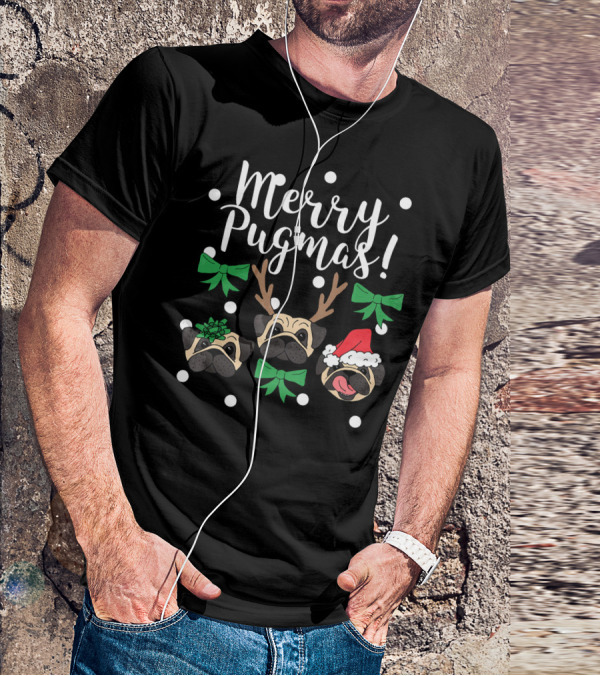 Merry Pugmas Pug Dogs With Christmas Antlers Santa Hat Bows And Snowflakes T-Shirt