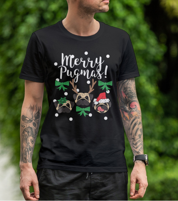 Merry Pugmas Pug Dogs With Christmas Antlers Santa Hat Bows And Snowflakes T-Shirt
