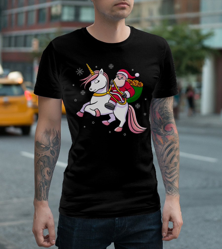 Santa Riding Unicorn With Presents For Cute Girls T-Shirt