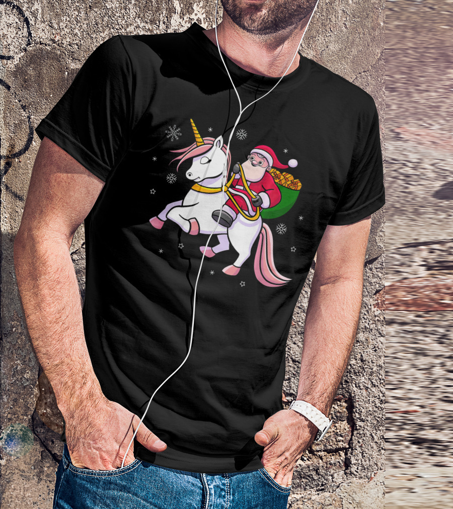 Santa Riding Unicorn With Presents For Cute Girls T-Shirt