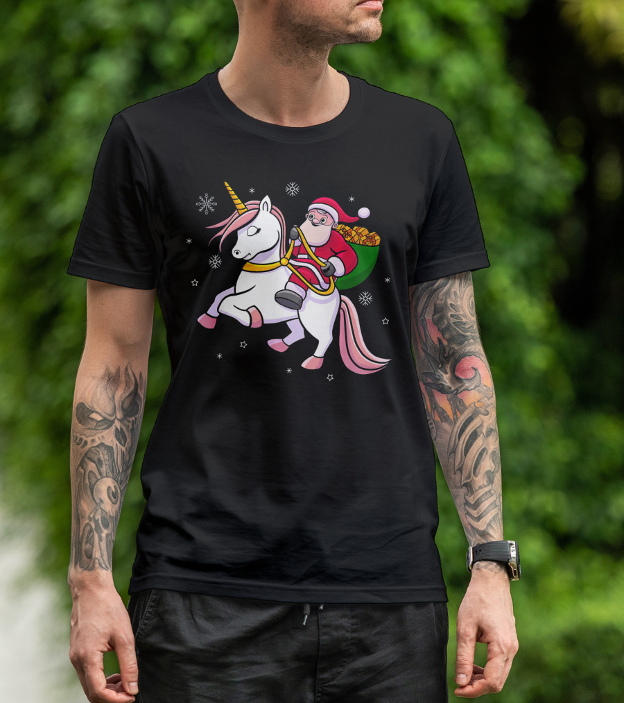 Santa Riding Unicorn With Presents For Cute Girls T-Shirt