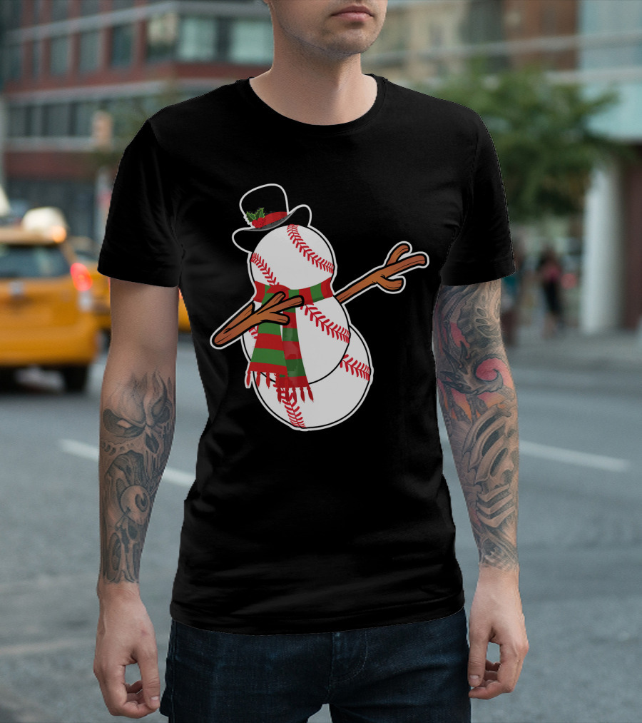 Dabbing Baseball Snowman in Top Hat with Festive Scarf T-Shirt