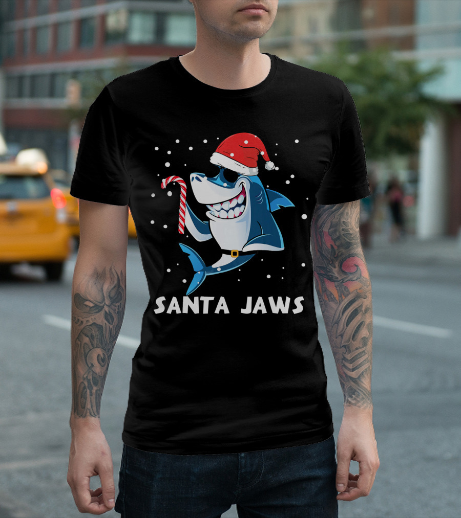 Santa Jaws White Shark Christmas Shark Candy Cane Santa Hat T-Shirt