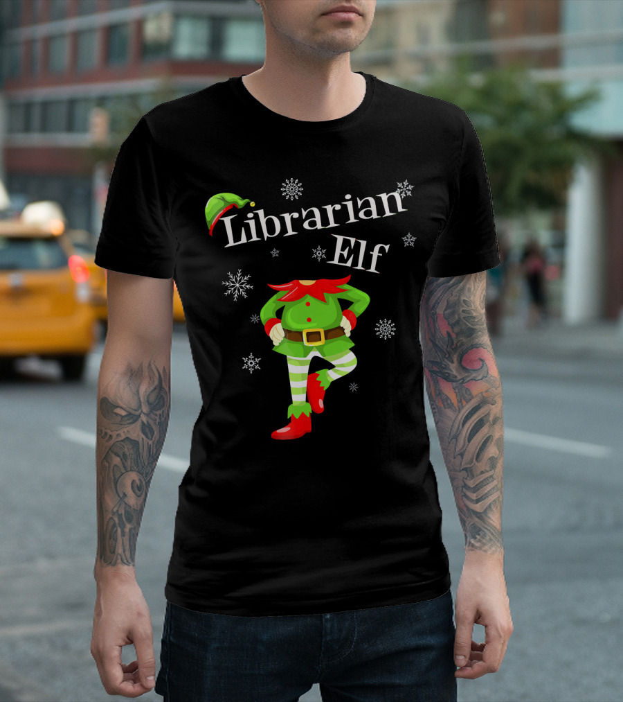 Librarian Elf in Green Outfit with Snowflakes and Red Hat T-Shirt