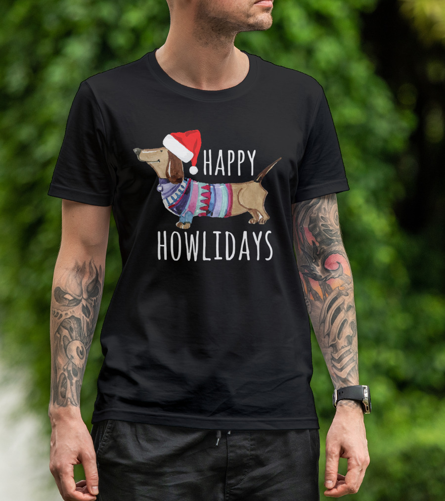 Happy Howlidays Christmas Dog Dachshund Wearing Santa Hat T-Shirt