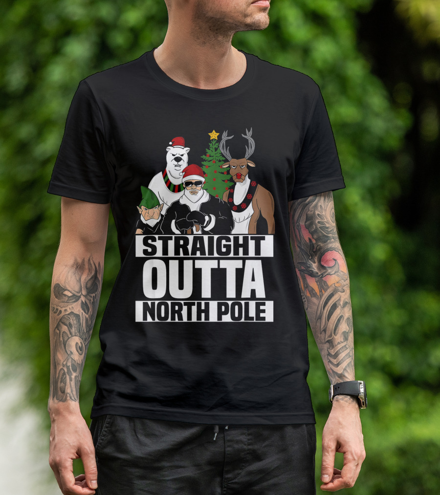 Straight Outta North Pole Christmas Characters Polar Bear Elf Reindeer T-Shirt
