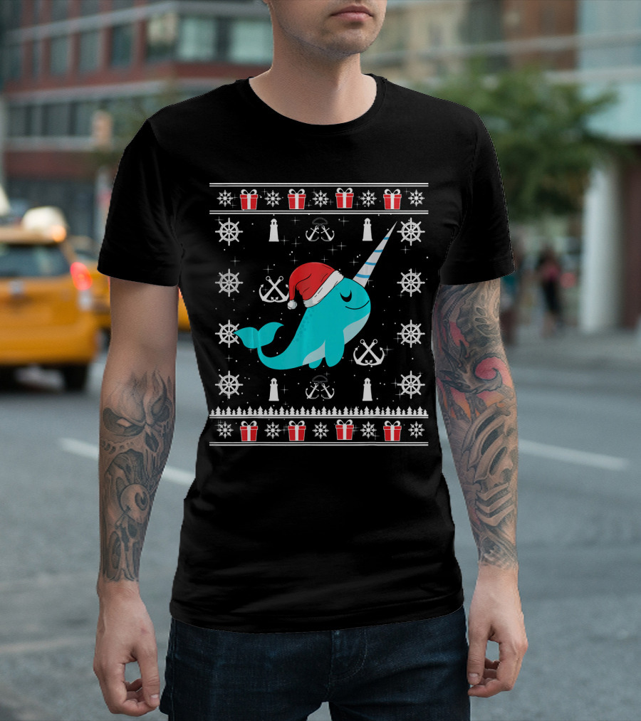 Narwhals Christmas Style with Santa Hat Anchors and Snowflakes T-Shirt