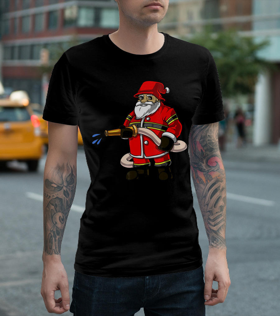 Santa Firefighter with Hose and Water Spray T-Shirt