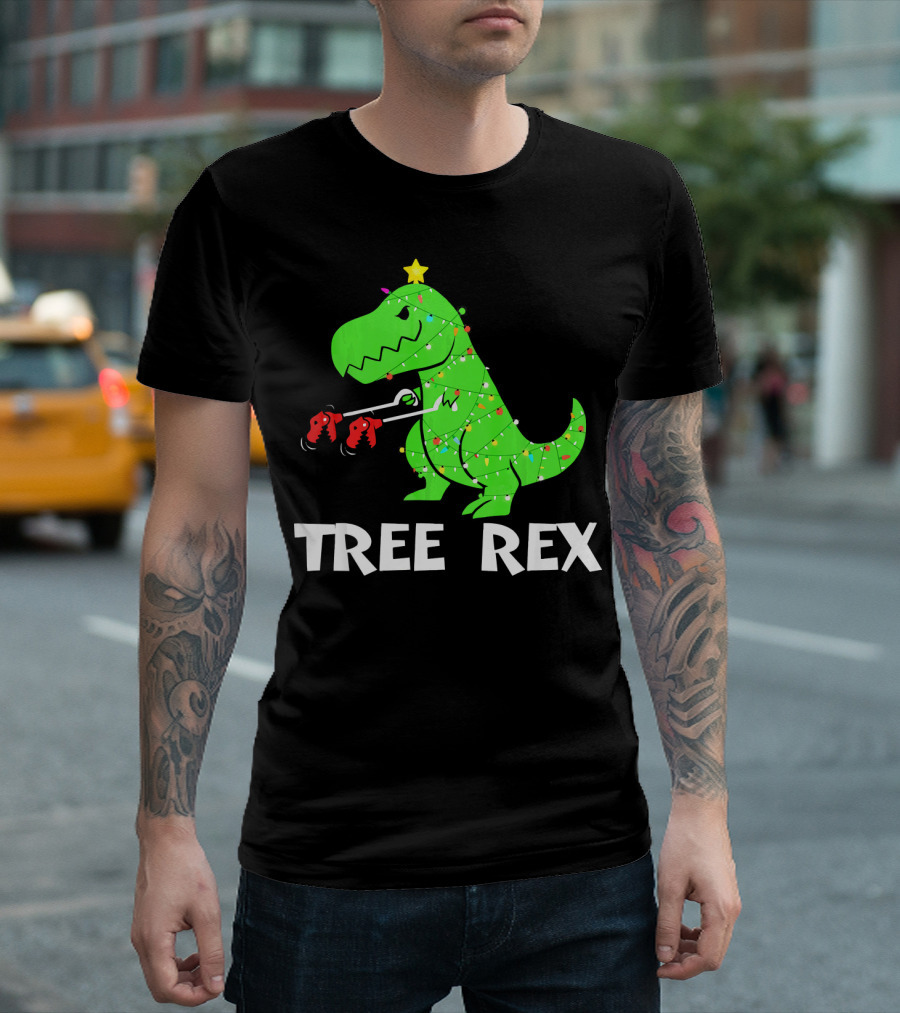 Tree Rex Funny Christmas Dinos Wrapped In Lights T-Shirt