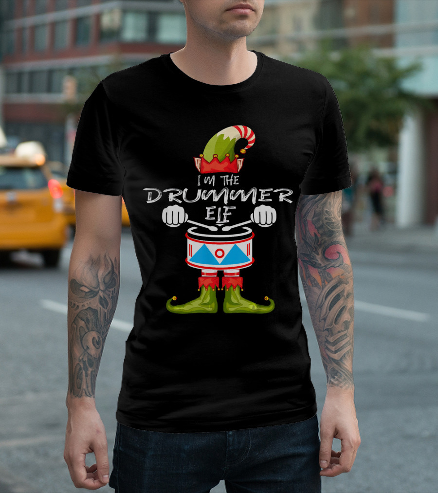 I'M THE DRUMMER ELF Christmas Hat Striped Candy Cane Elf Boots Drumsticks T-Shirt