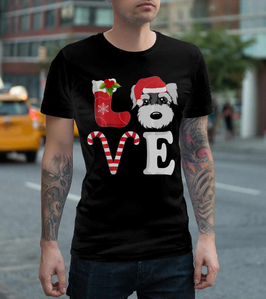 LOVE Miniature Schnauzer Santa Christmas Candy Cane T-Shirt