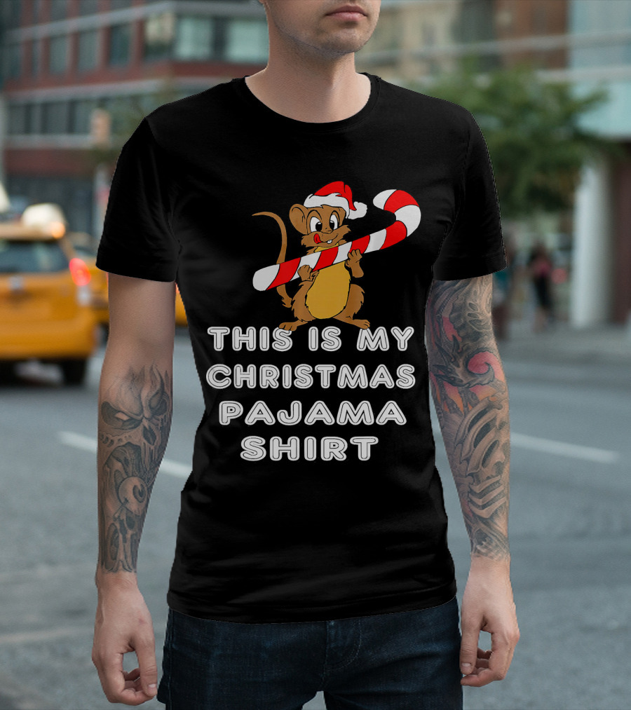 THIS IS MY CHRISTMAS PAJAMA SHIRT MOUSE WITH CANDY CANE AND SANTA HAT T-Shirt