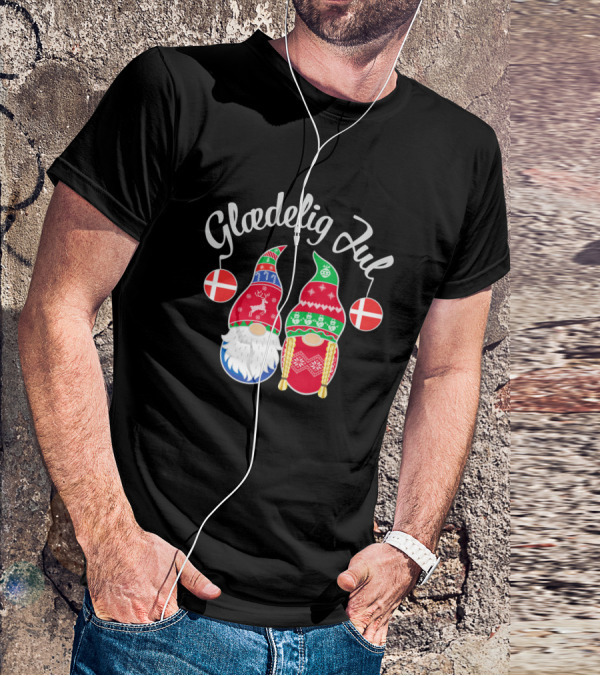 Glaedelig Jul Danish Merry Christmas With Festive Gnomes And Flags T-Shirt