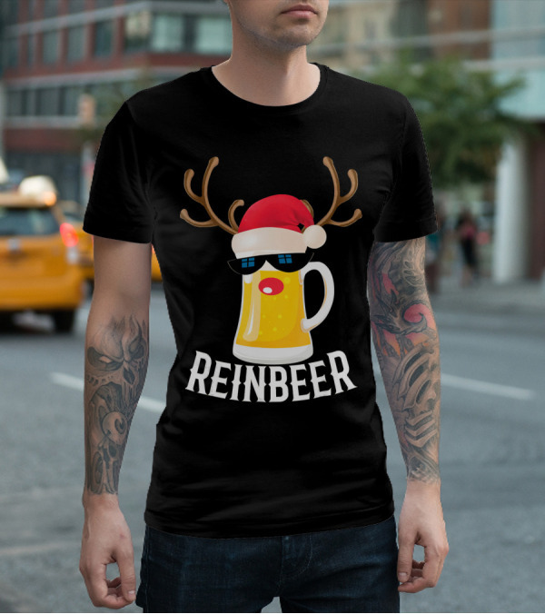 Reindeer Beer Christmas Funny Drinking Reinbeer Santa Hat T-Shirt