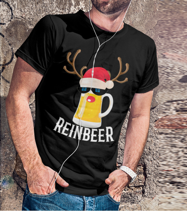 Reindeer Beer Christmas Funny Drinking Reinbeer Santa Hat T-Shirt