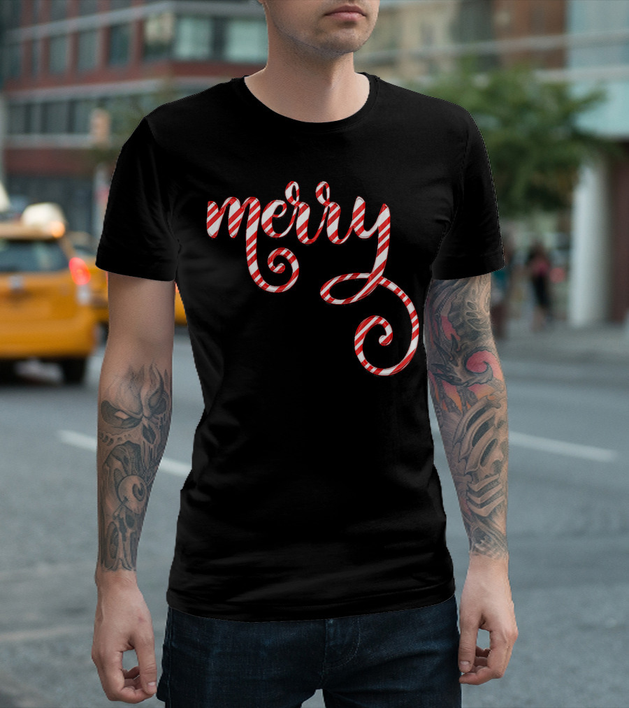 Merry Christmas Script Candy Cane Stripes T-Shirt