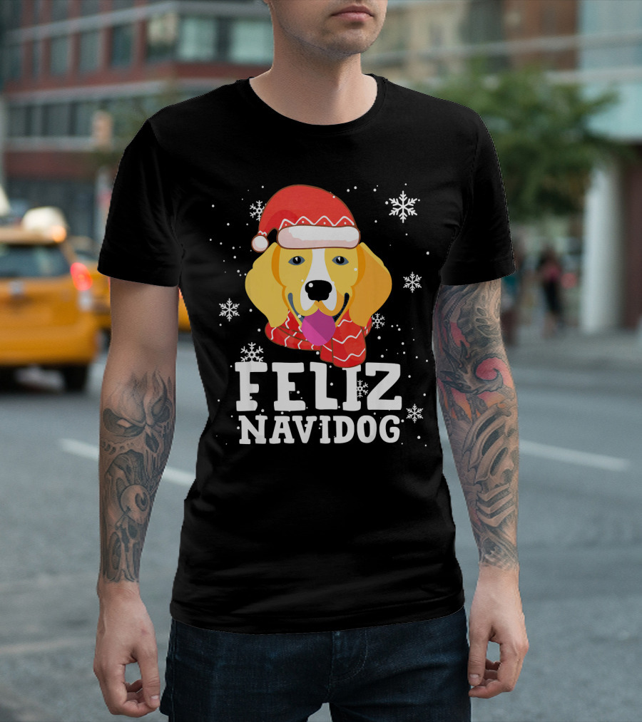 Feliz Navidog Beagle Dog Funny Christmas Snowflakes Santa Hat T-Shirt