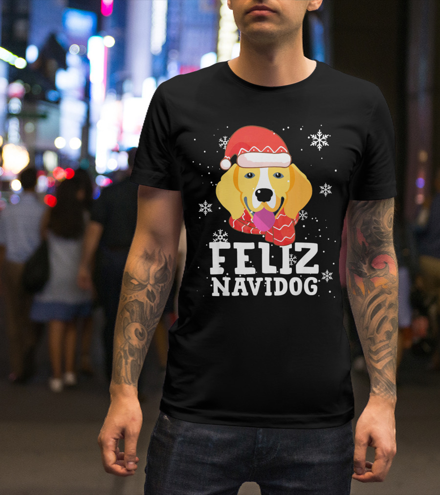 Feliz Navidog Beagle Dog Funny Christmas Snowflakes Santa Hat T-Shirt