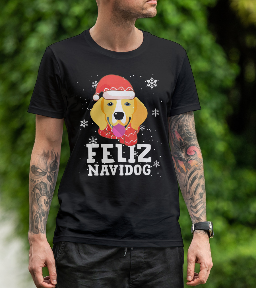 Feliz Navidog Beagle Dog Funny Christmas Snowflakes Santa Hat T-Shirt