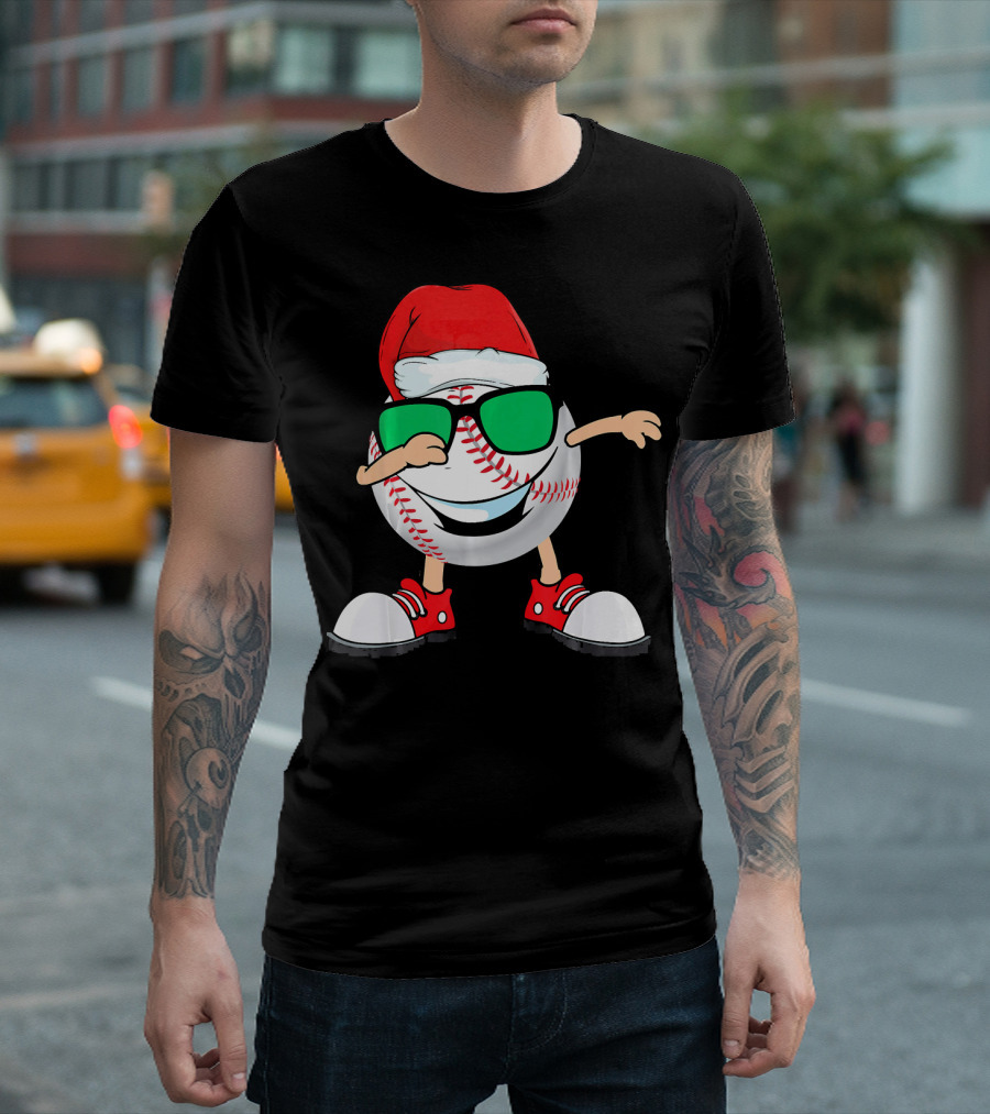 Dabbing Baseball With Santa Hat And Sunglasses T-Shirt