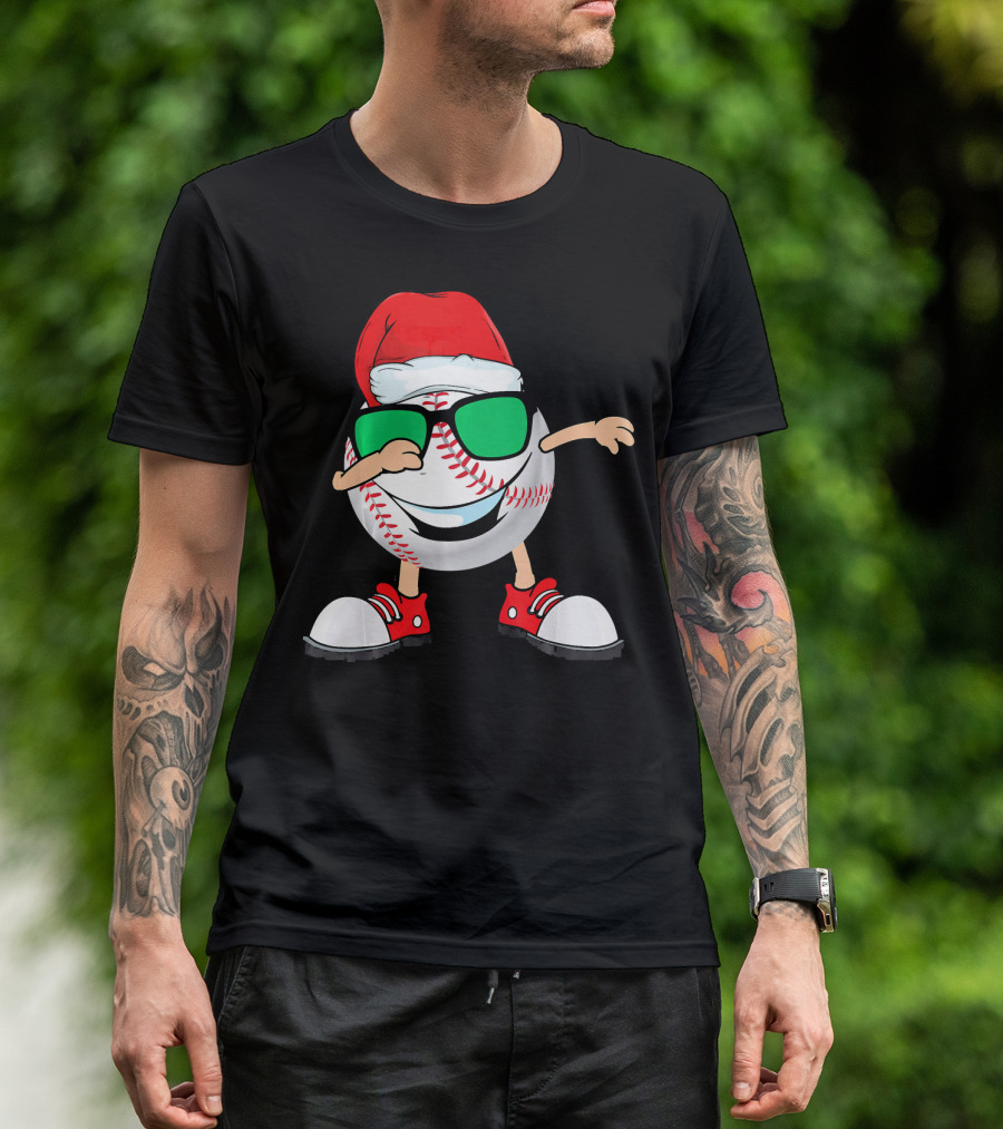 Dabbing Baseball With Santa Hat And Sunglasses T-Shirt