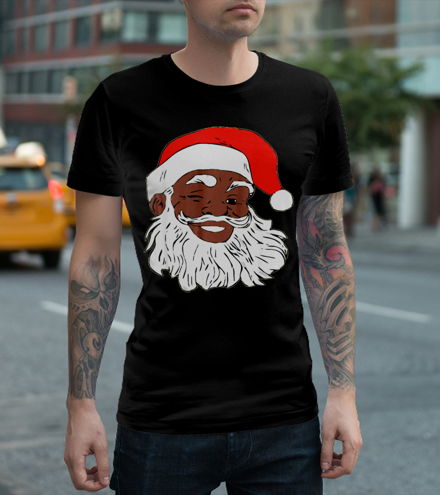 Black Santa Claus Winking In Red Hat T-Shirt