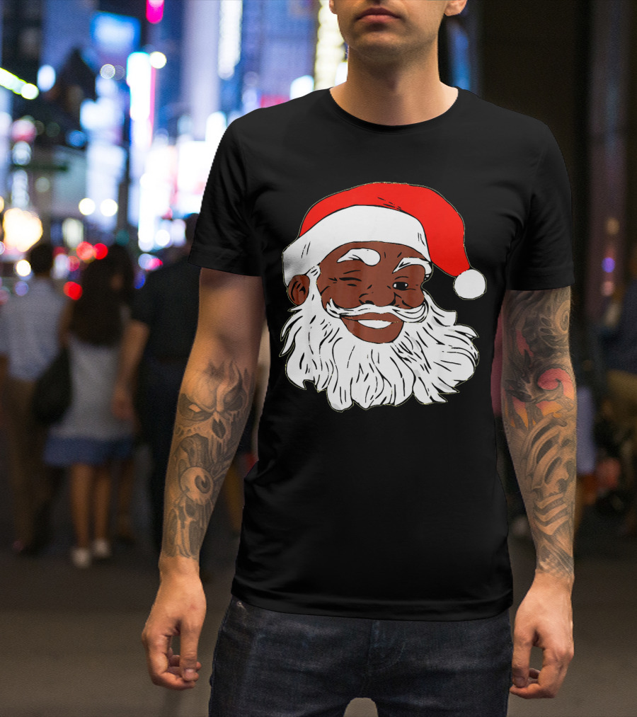 Black Santa Claus Winking In Red Hat T-Shirt