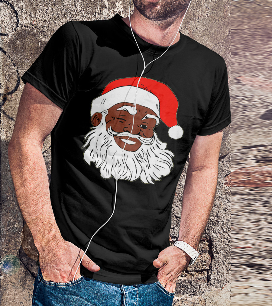 Black Santa Claus Winking In Red Hat T-Shirt