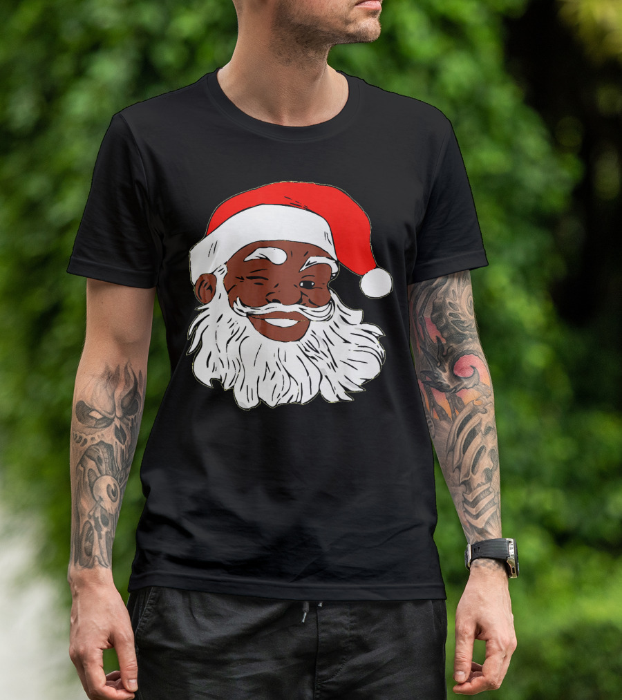 Black Santa Claus Winking In Red Hat T-Shirt