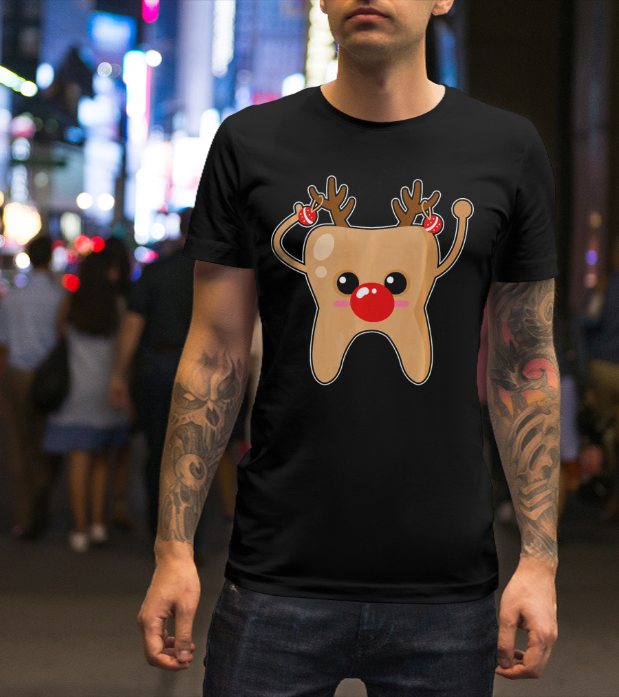 Tooth Emoji Reindeer With Antlers And Red Nose Costume T-Shirt