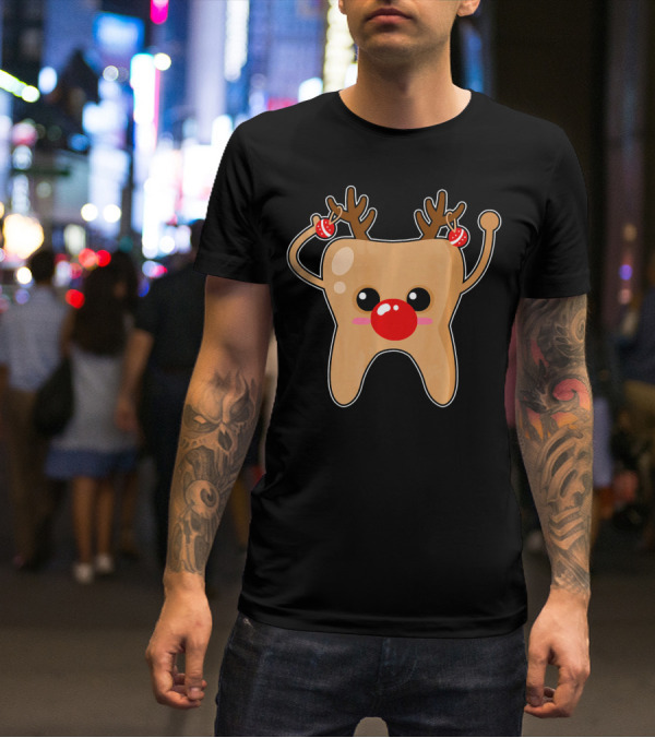 Tooth Emoji Reindeer With Antlers And Red Nose Costume T-Shirt