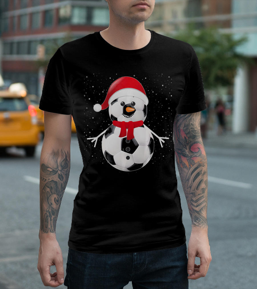 Soccer Football Snowman Santa Hat Scarf Holiday Winter Snowflakes T-Shirt