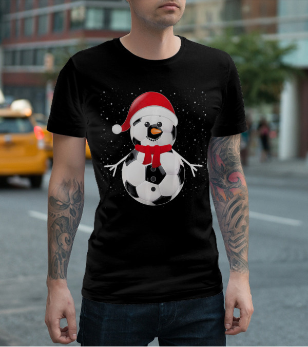 Soccer Football Snowman Santa Hat Scarf Holiday Winter Snowflakes T-Shirt