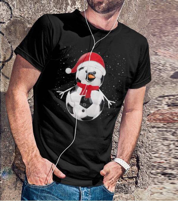 Soccer Football Snowman Santa Hat Scarf Holiday Winter Snowflakes T-Shirt