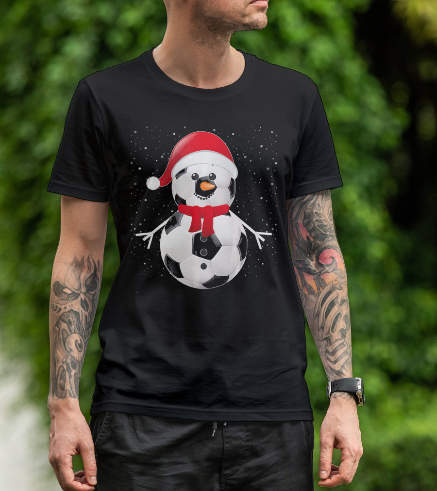 Soccer Football Snowman Santa Hat Scarf Holiday Winter Snowflakes T-Shirt