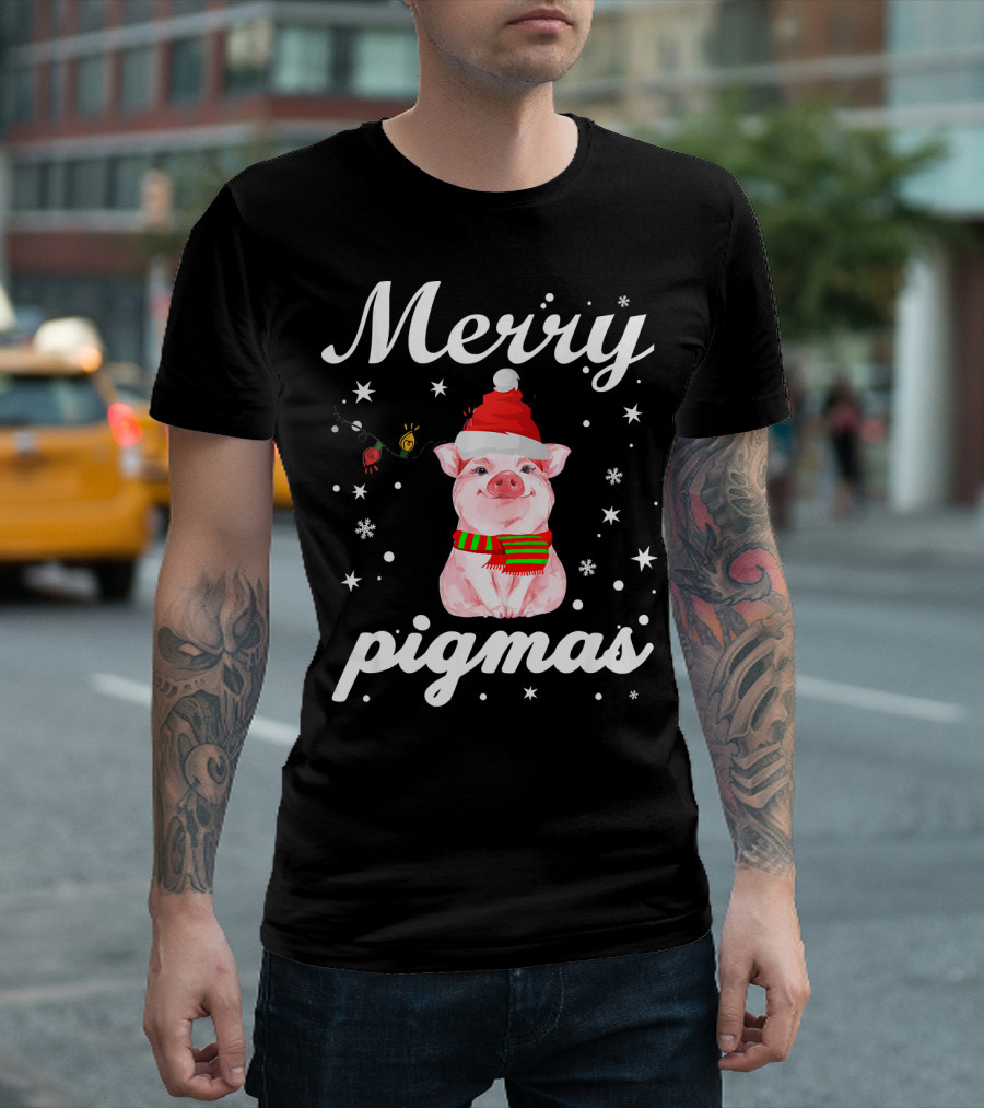 Merry Pigmas Santa Pig With Christmas Lights And Snowflakes T-Shirt