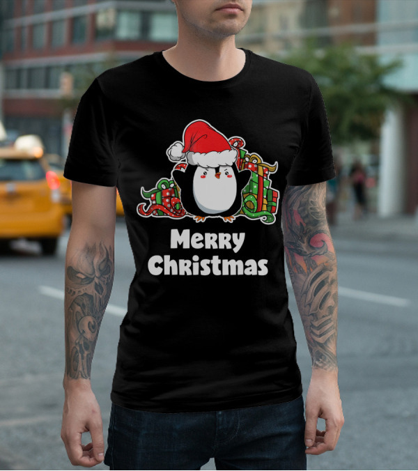 Merry Christmas Penguin Santa Hat Gift Wrapping T-Shirt