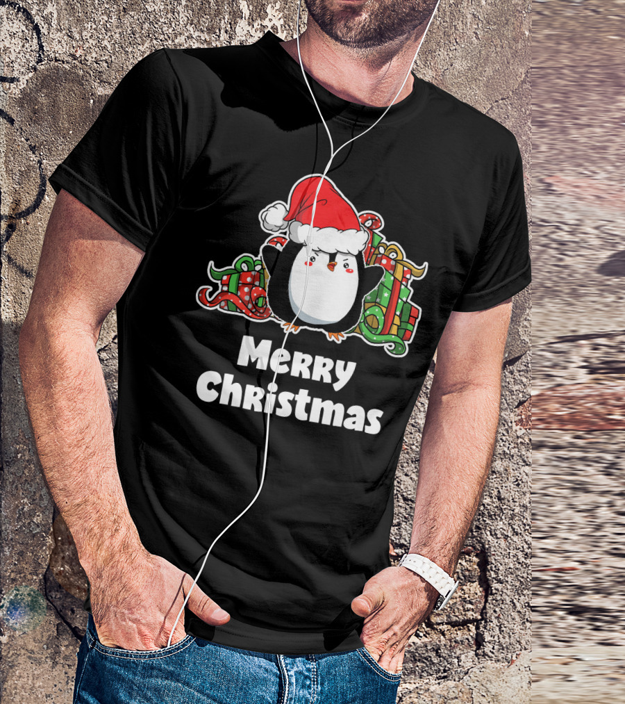 Merry Christmas Penguin Santa Hat Gift Wrapping T-Shirt