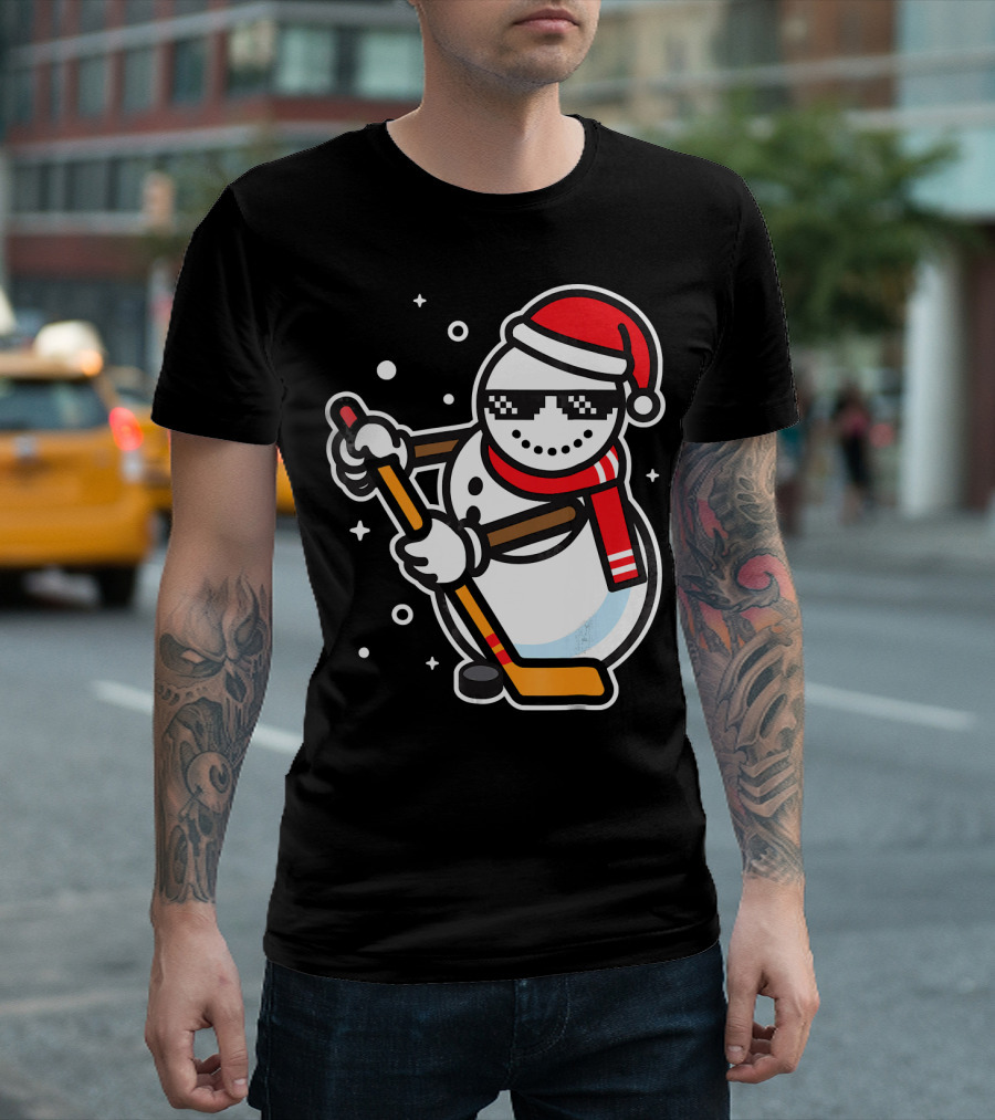 Ice Hockey Player Snowman Funny Boy Cool Nerd Santa T-Shirt