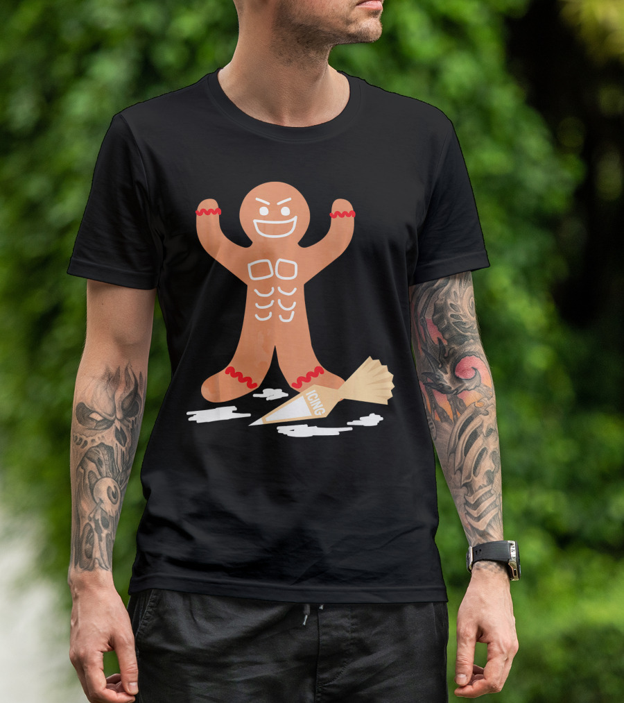 Christmas Gingerbread Muscle Man With Icing Power T-Shirt