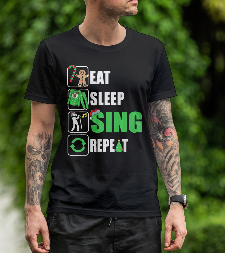 Eat Sleep Sing Repeat Christmas Sweater Singer Candy Cane Gingerbread Music Tree T-Shirt