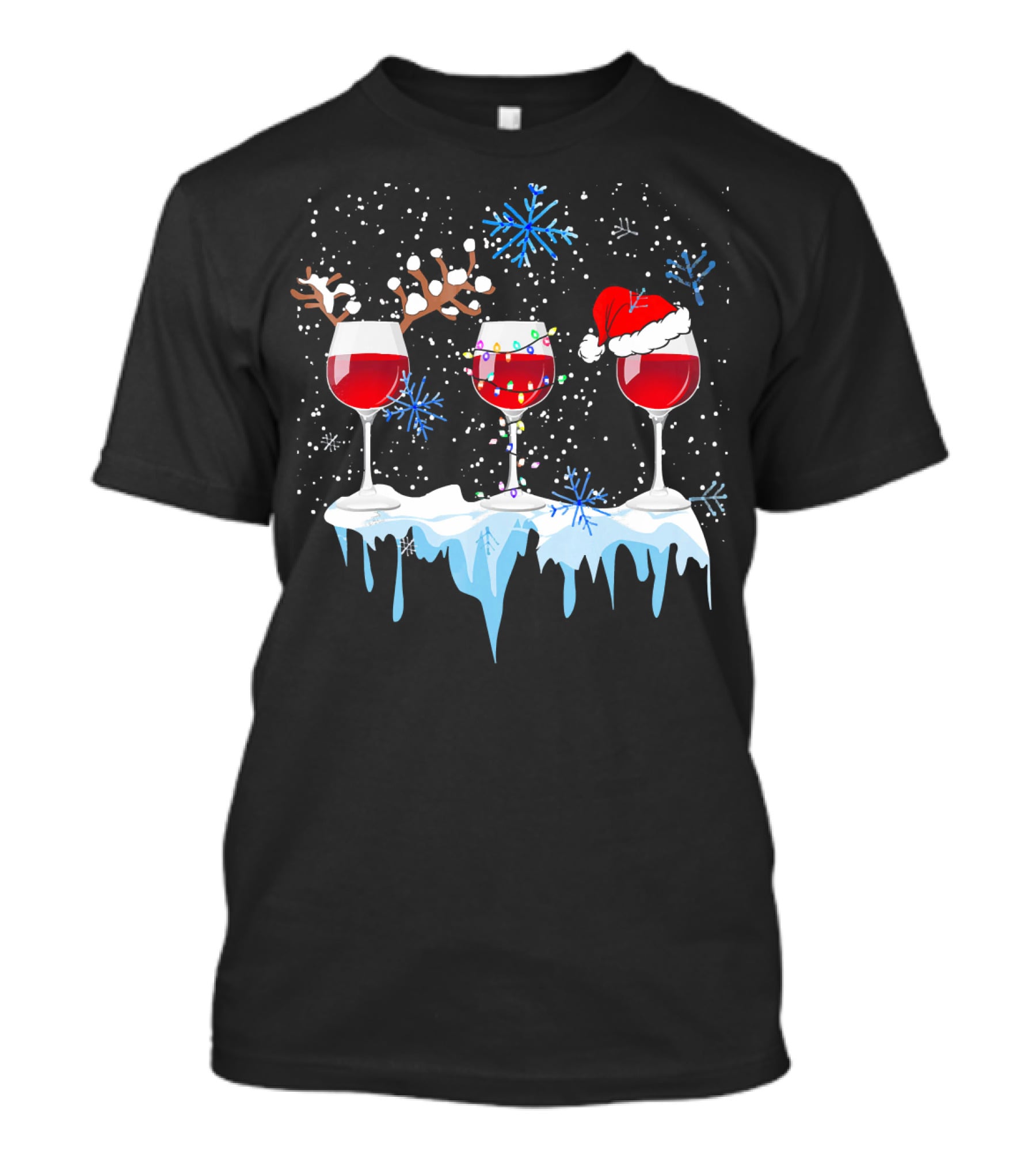 Christmas Reindeer Wine Glasses Santa Hat Snowflakes Holiday T-Shirt