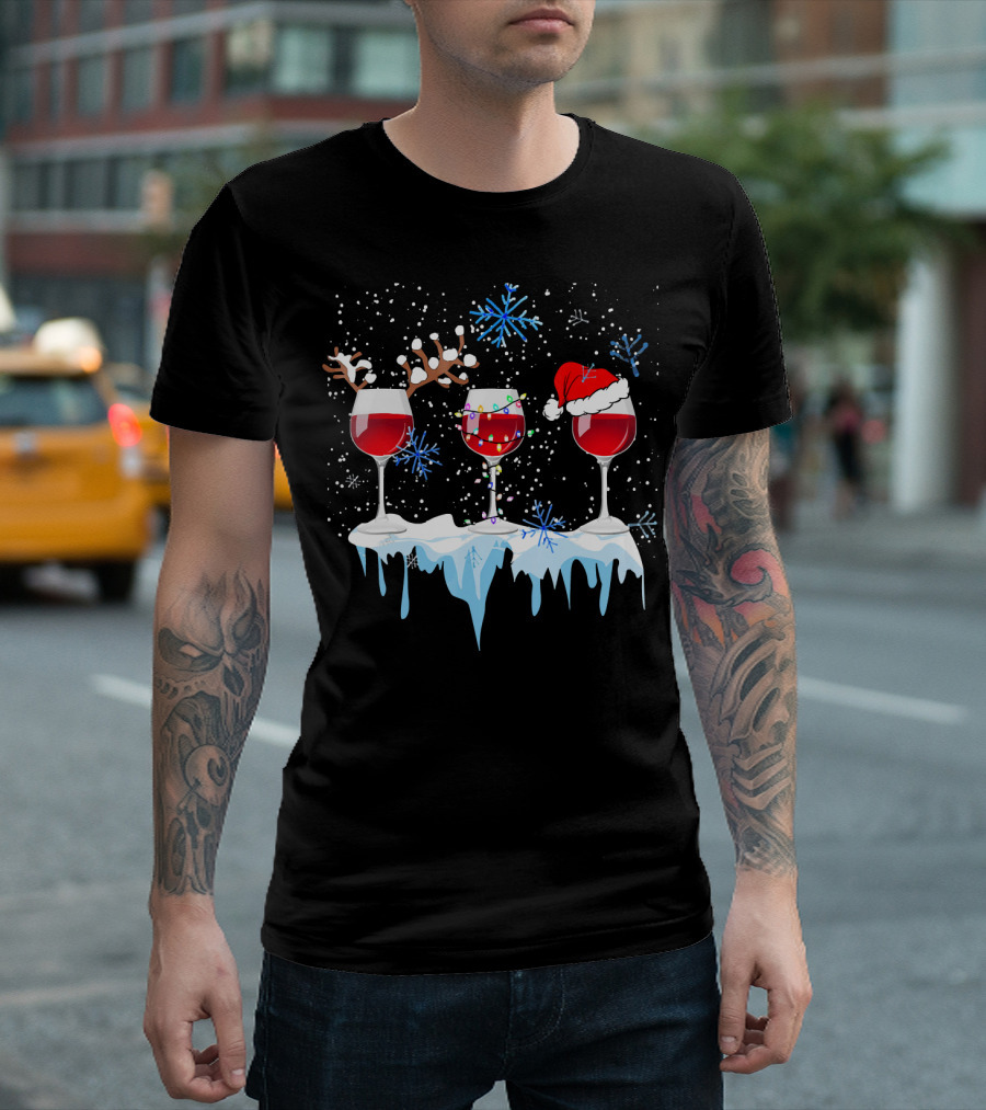 Christmas Reindeer Wine Glasses Santa Hat Snowflakes Holiday T-Shirt