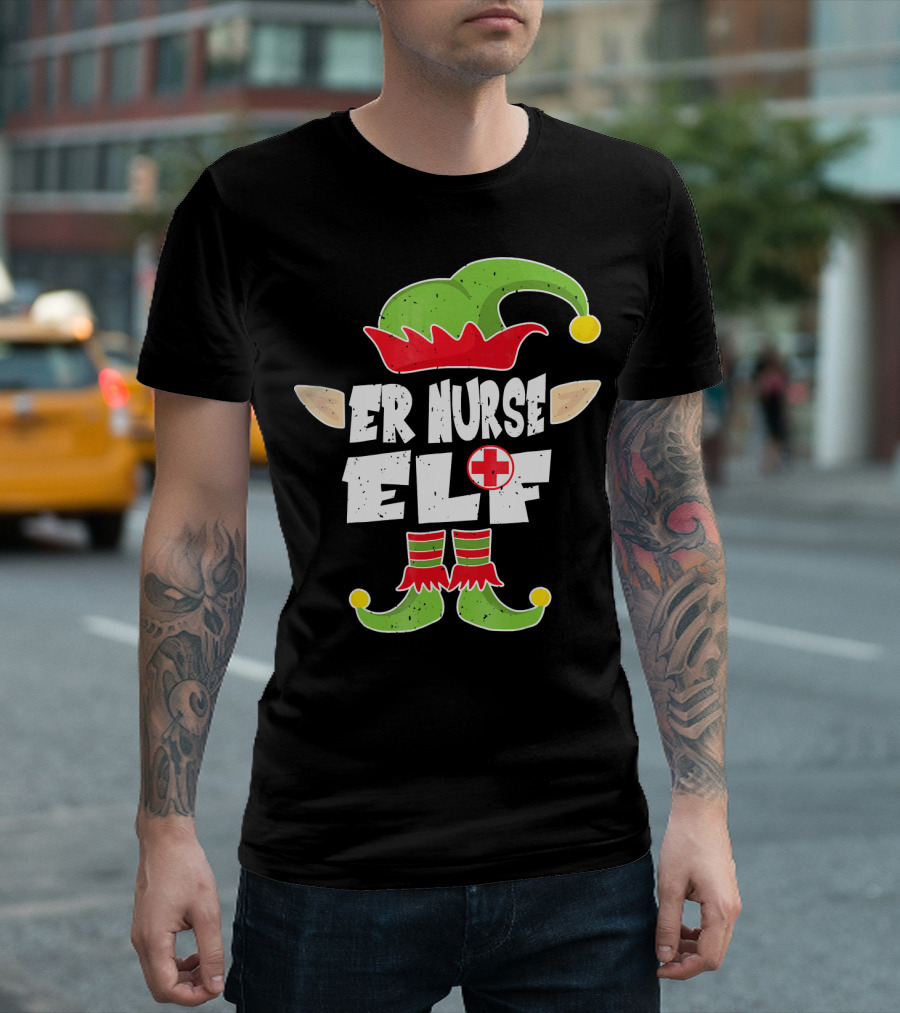 ER Nurse Elf Emergency Squad Christmas Hat and Shoes T-Shirt