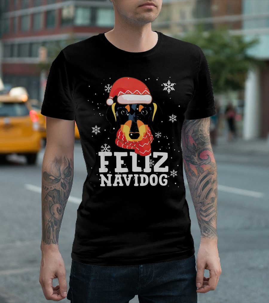 Feliz Navidog Dachshund Dog Christmas Snowflakes Santa Hat Scarf T-Shirt